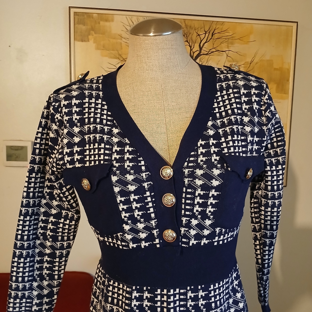 Vintage Navy and White Patterned Dress